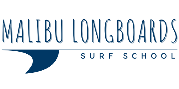 Logo reading 'Malibu Longboards Surf School' with surfboard fin graphic.