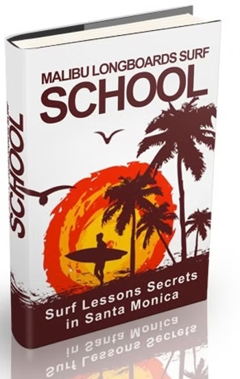 Book cover with a surfer silhouette, palm trees, and text: 'Malibu Longboards Surf School'.